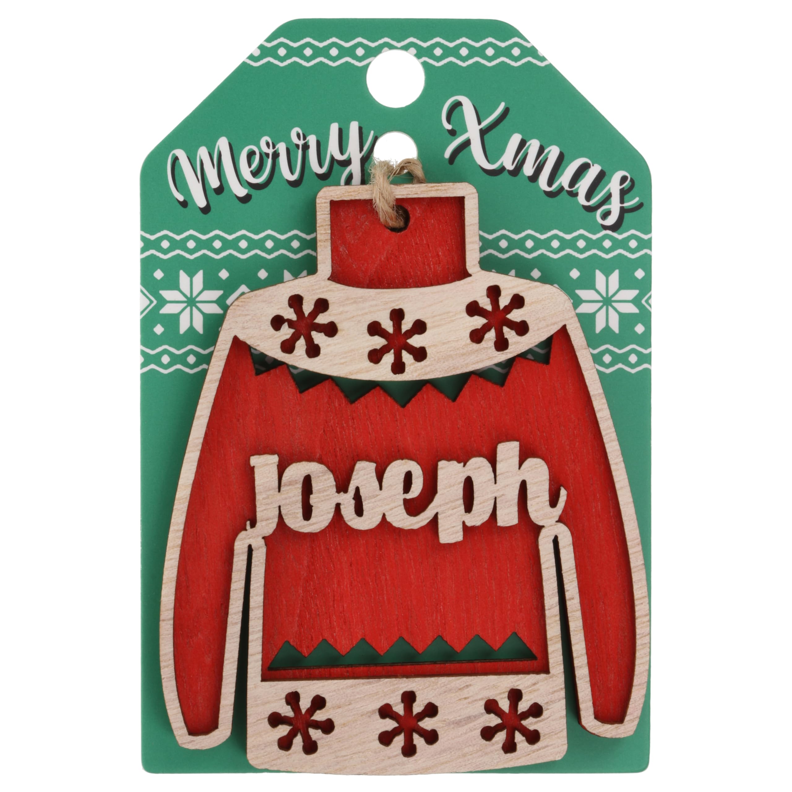 Joseph Name Christmas Jumper Wooden Tree Decoration Personalised Bauble Xmas Red