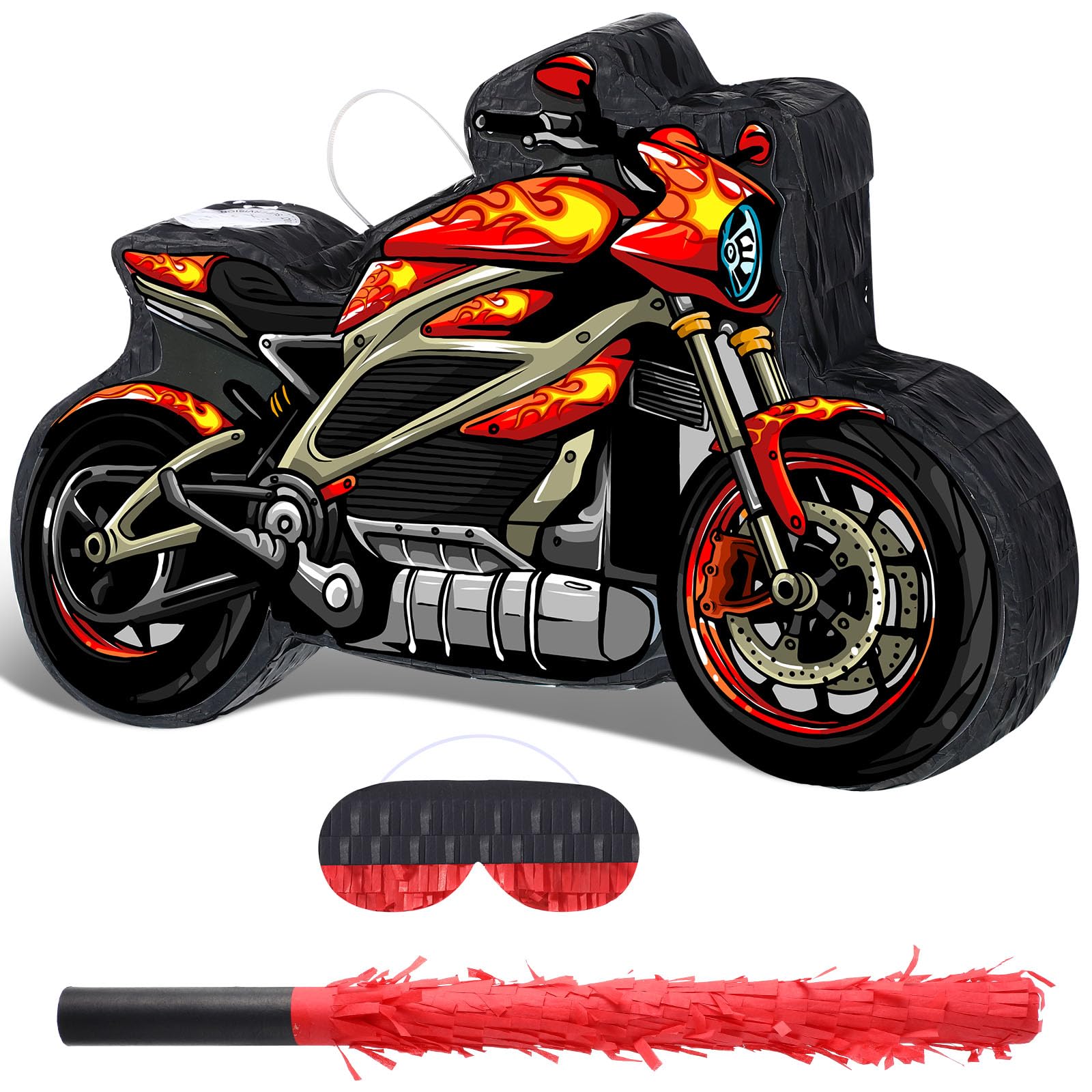 3D Train Piñata Red Motorcycle Piñata Small Race Car Birthday Decor with Blindfold Stick Confetti Railroad Bike Car Party Decorations for Racing Theme Birthday Favors Supplies(Redmotorcycle)