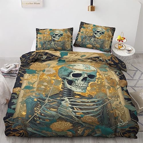 Funda de edredón de calavera de flores, tamaño Queen, juego de ropa de cama de esqueleto, 3 piezas, funda de edredón con patrón de microfibra suave
