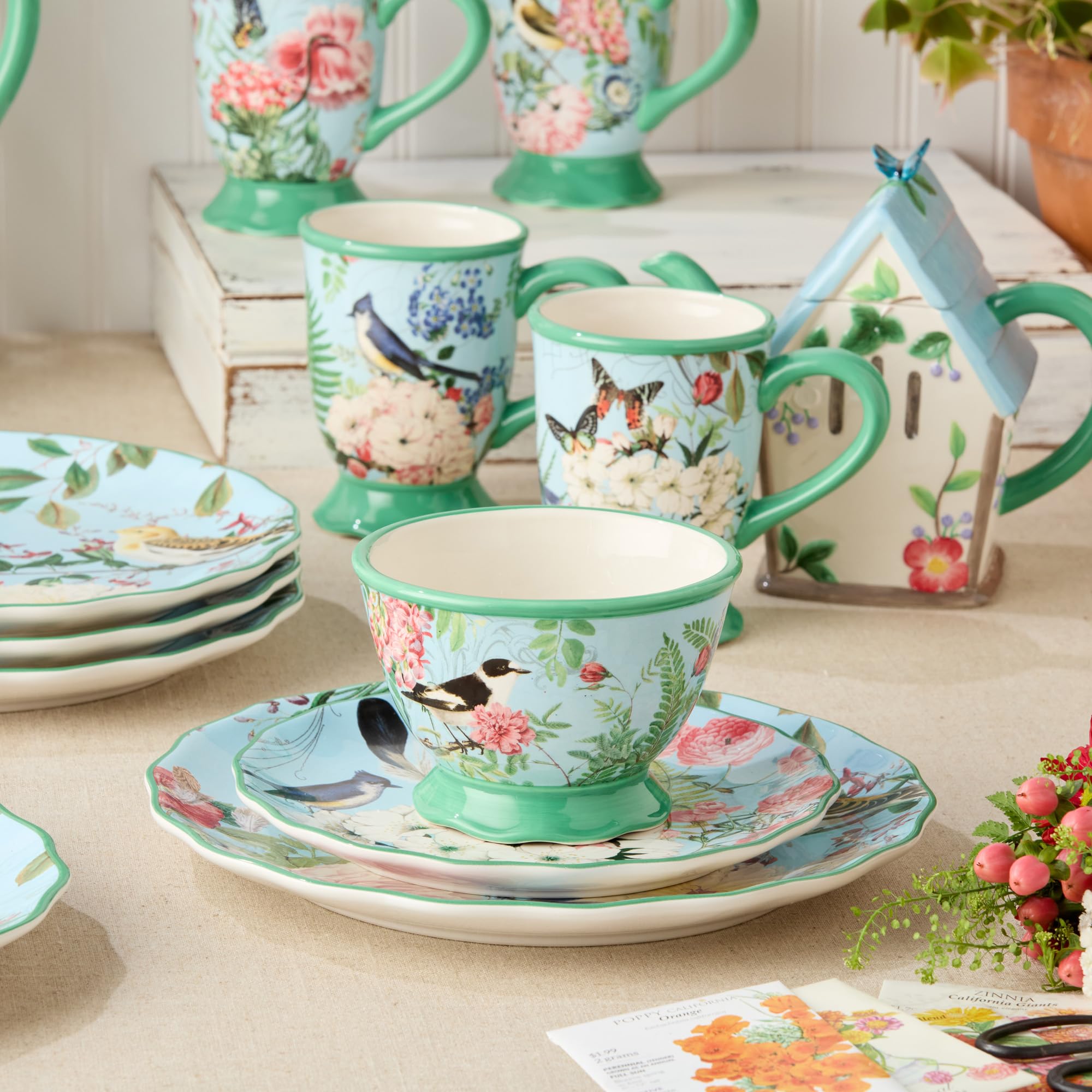Certified International Flora - Juego de vajilla de 16 piezas, servicio para 4, incluye cena, platos de postre, tazas y cuencos de helado de pedestal con vibrantes diseños florales inspirados en la