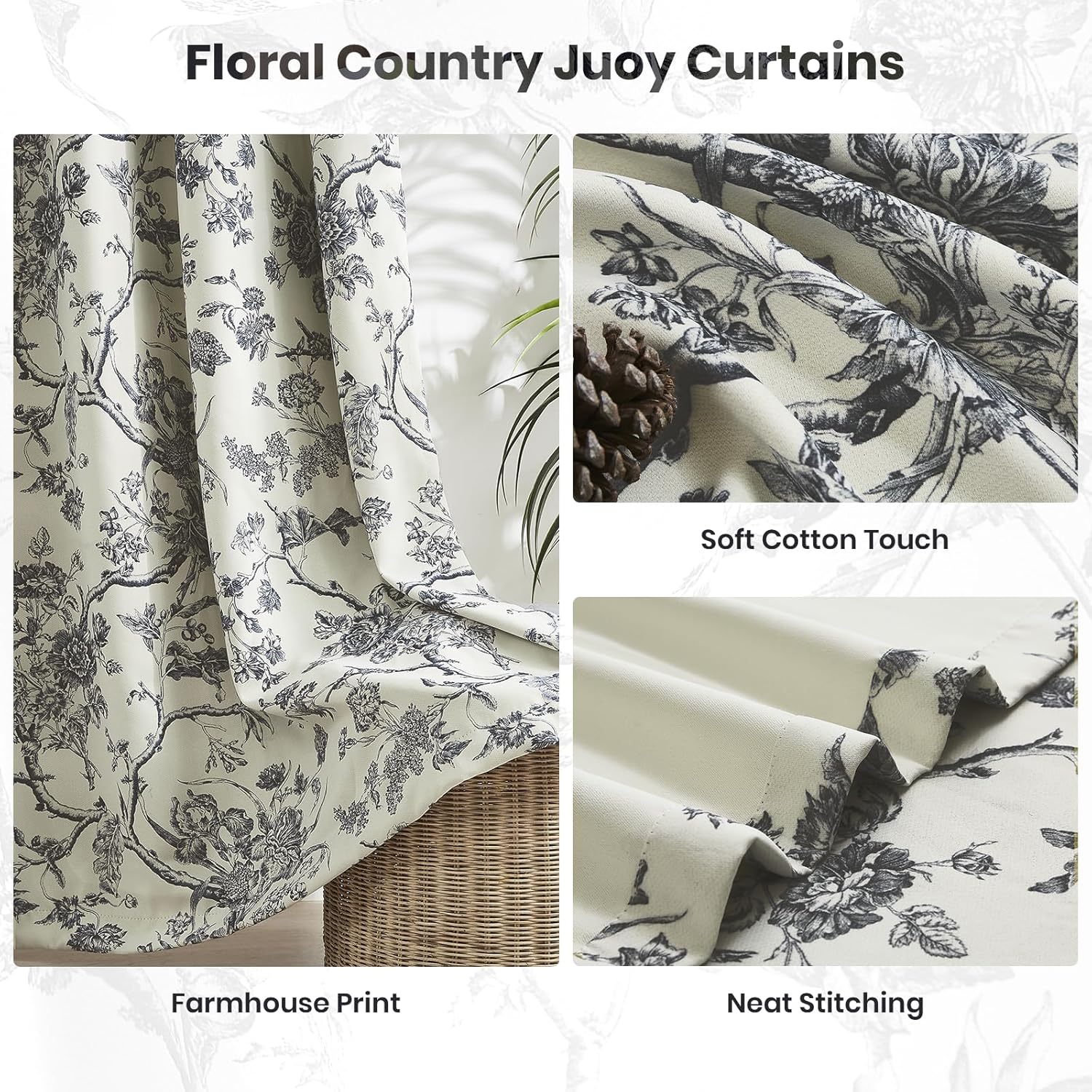 Melodieux Vintage Floral Blackout Curtains 84 Inches Long for Living Room, Bedroom Farmhouse French Country Drapes Cotton Thermal Insulated Grommet Toile Curtains, 52 by 84 in, Black Onyx, 2 Panels