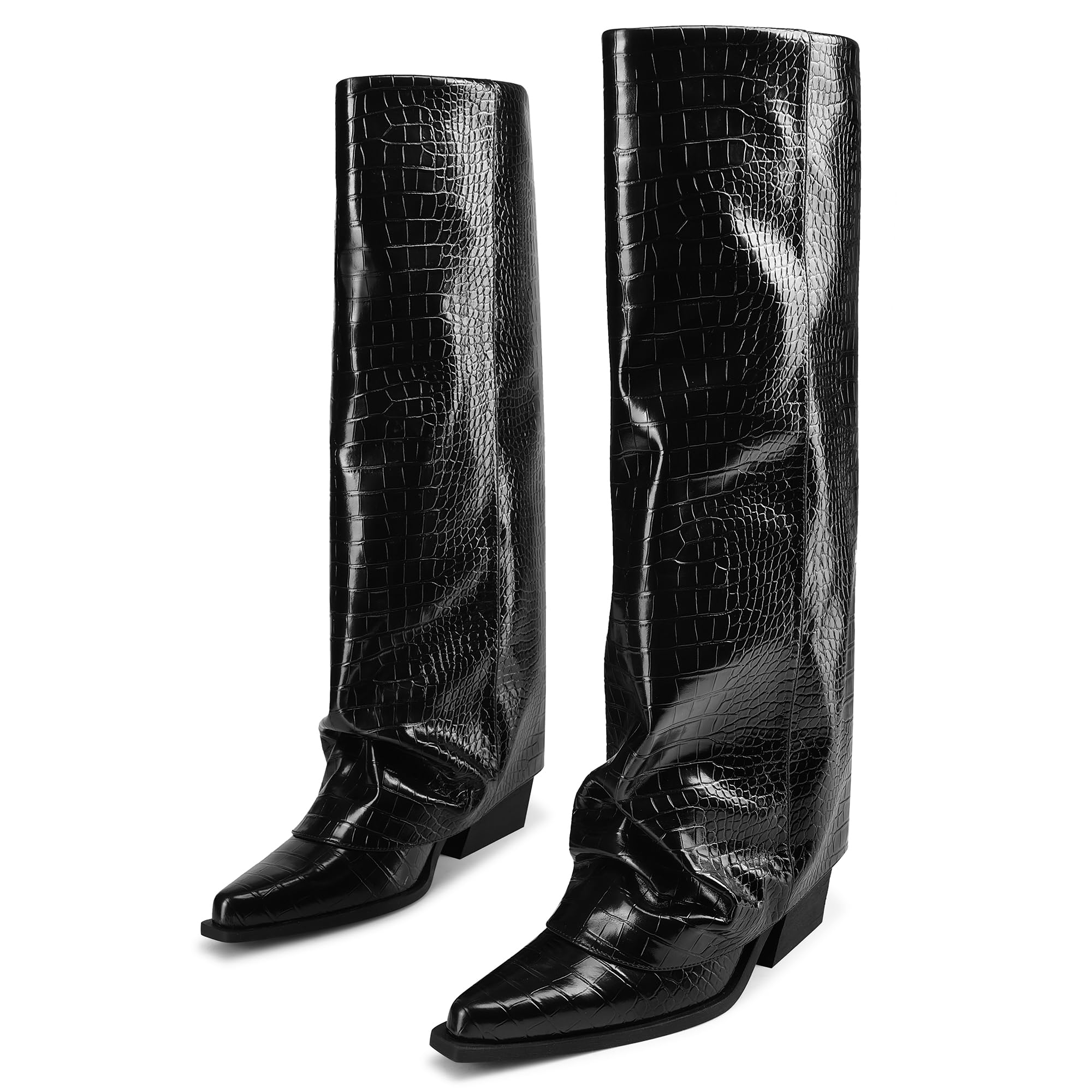 Womens Fold Over Knee High Boots Wide Calf Chunky Heel Long Boots Women Pointed Toe Dress Tall Boots