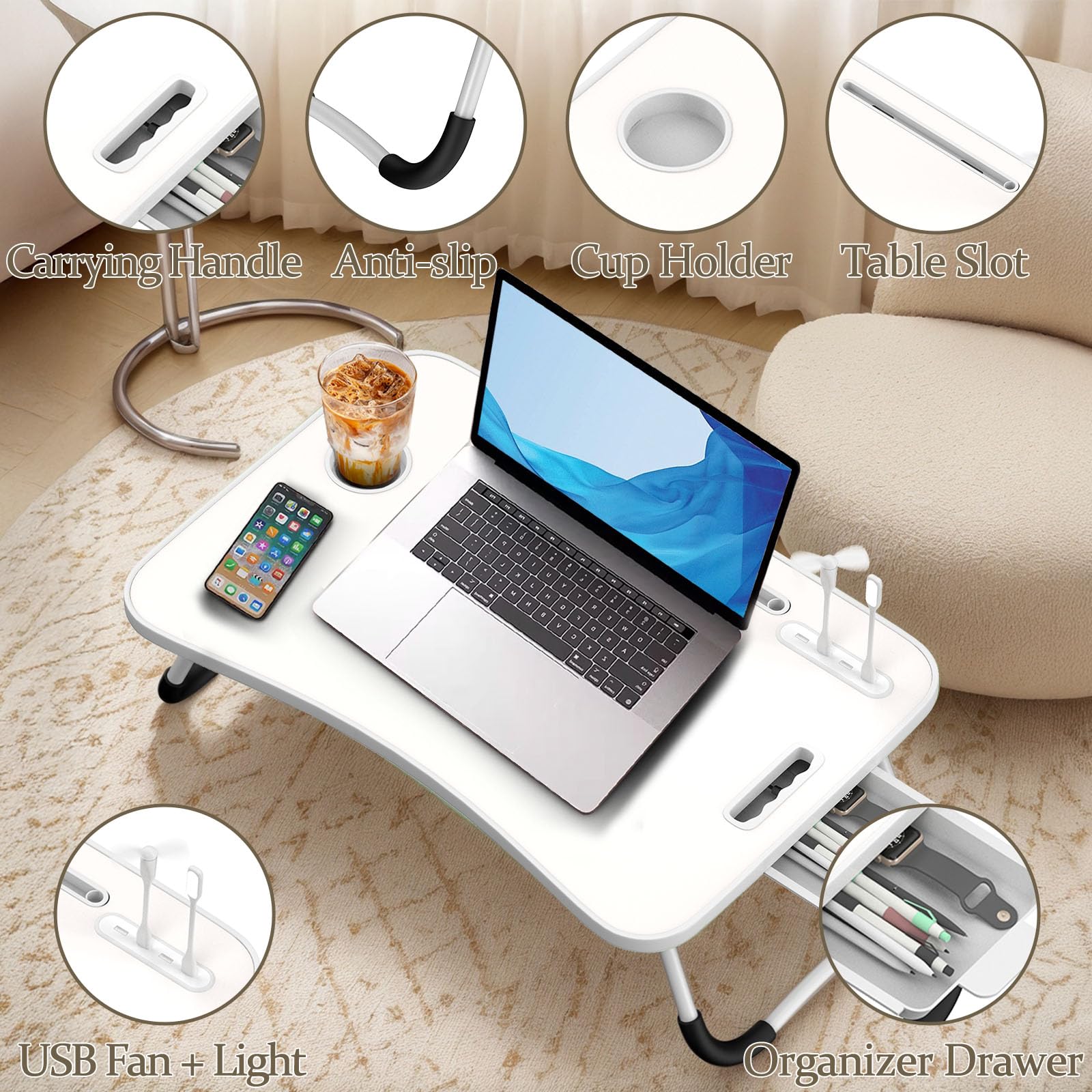 Huracan Tavolino da Letto, Tavolo Laptop Vassoio da Letto Pieghevole con 3 Interfaccia USB, Cassetto, Slot per Tazza, scrivania da letto, tavolo da letto pc per Divano, Pavimento, Mangiare (Bianco)