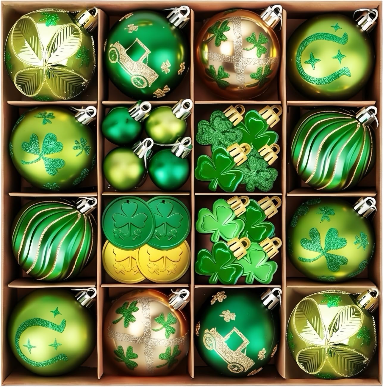 36Pcs Hanging Ball Ornaments St Patricks Day Decorations, Shamrock Tree Ornaments Irish Festival Good Luck Clover Green Gold Ball for Party Home Spring Shelf Shamrock Decorations
