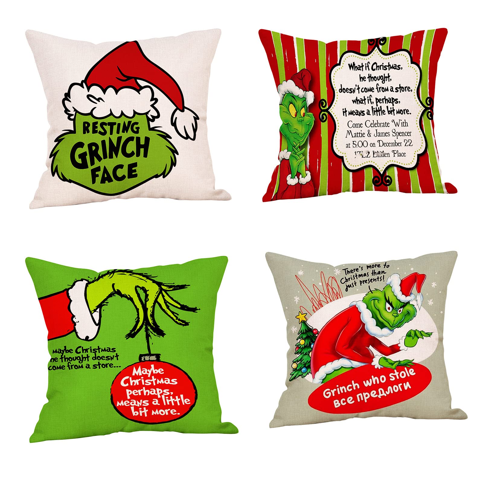 TPOne Christmas Pillow Covers, Set of 4 for Christmas Decorations The Grinch Stripe Farmhouse Winter Holiday Throw Cushion Case for Couch,Bedroom Office (C)