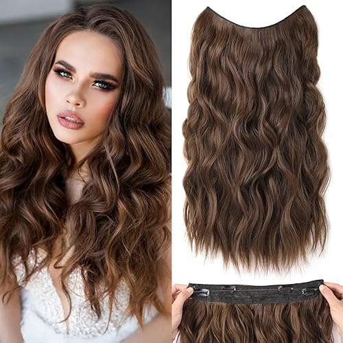 Halo Hair Extensions 20 Inch Long Wavy Brown Hair Extensions with Invisible Wire Adjustable Size 4 Secure Clips in Hair Extensions for Women (Medium Brown)