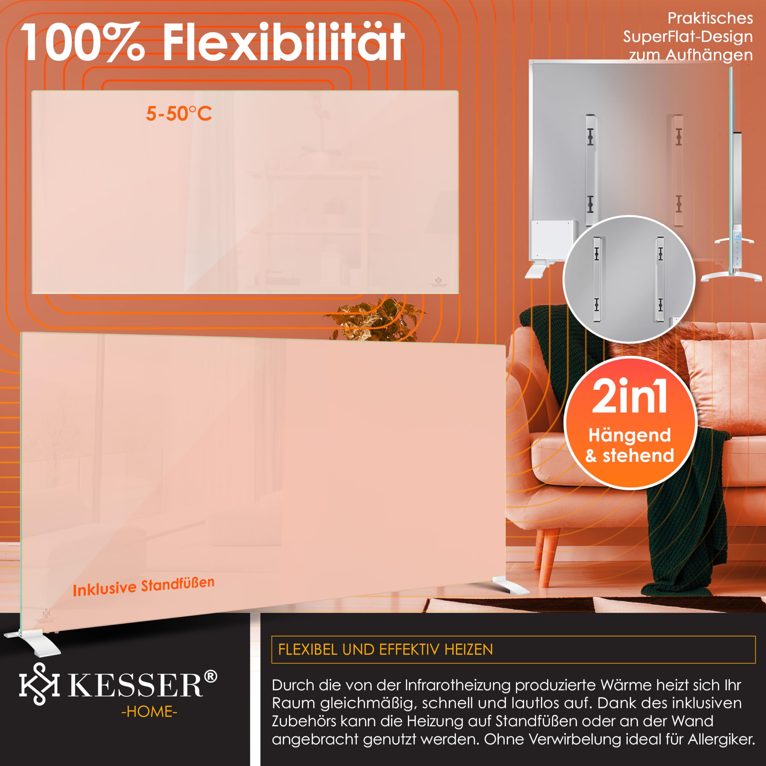 KESSER® Calefactor de Infrarrojos 600W, Convector de Cristal, 2en1 Unidad de Pie y Montaje en Pared, Detección de Ventana Abierta + Mando a Distancia y Control por App, Termostato, Blanco