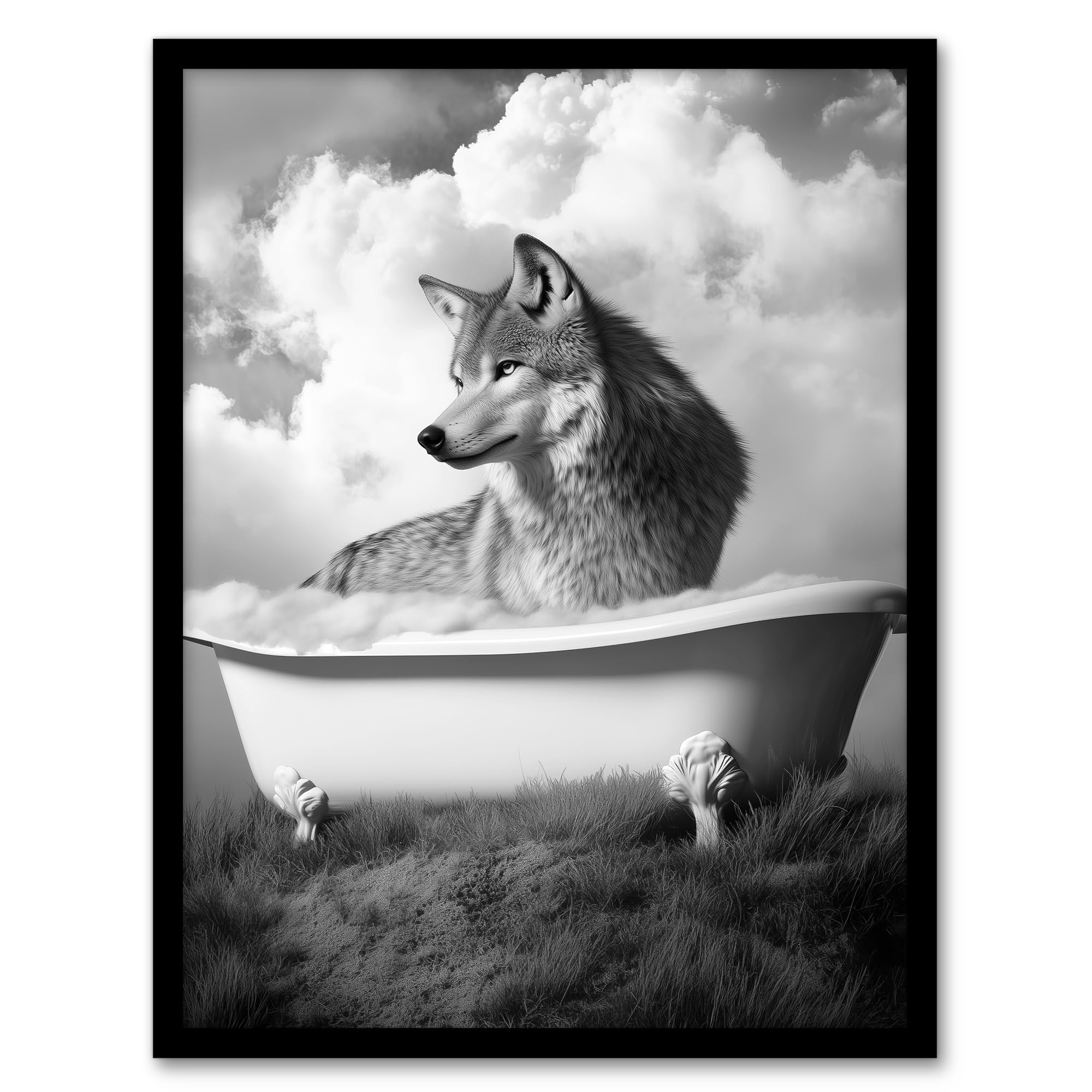 Artery8 Wolf In Bathtub Surreal Black White Bubble Bath Wall Art PrintA4 Size from B&Q