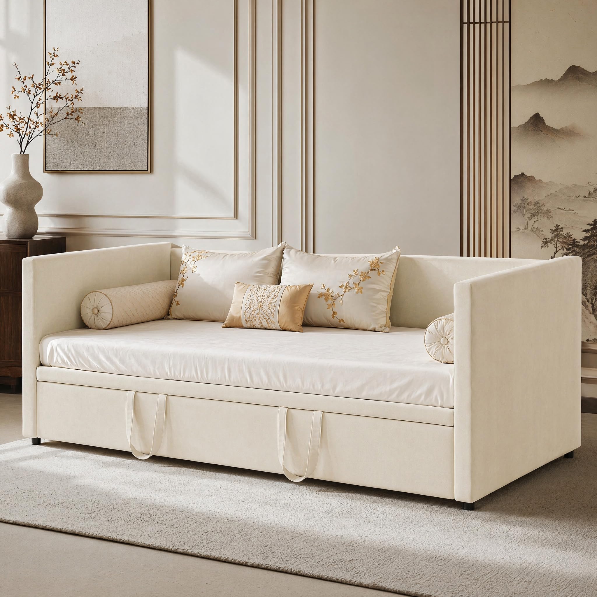 schlafcouch 90/180x200cm,tagesbett ausziehbar,sofa,Einzelbett/Doppelbett | letto singolo con letto estraibile,Samt Polsterbett Tagesbett,Ideal für kleine Räume, Gästebett,ohne Matratze,Beige