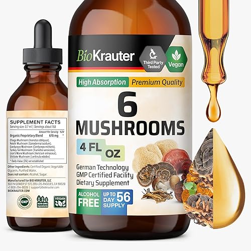 Suplemento de 6 hongos – Gotas líquidas complejas de hongos con melena de leones, extracto de cordyceps, Reishi, Shiitake, cola de pavo y Chaga –