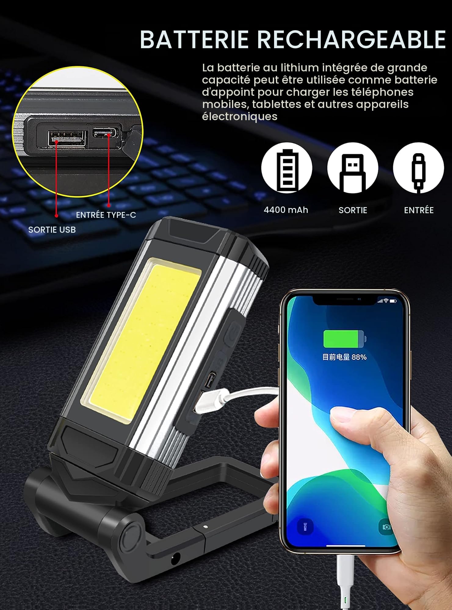 LAMPE D'INSPECTION RECHARGEABLE COB USB lumière de travail ultra