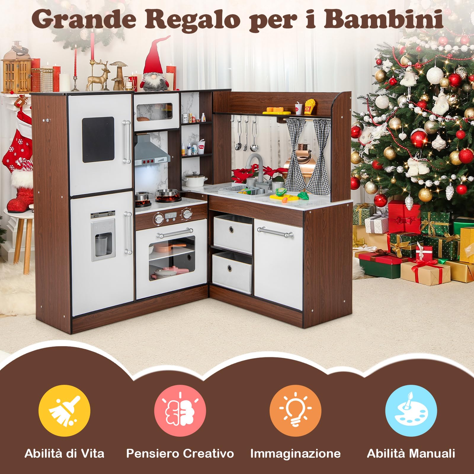 GYMAX Cucina Giocattolo ad Angolo per Bambini, Set da Cucina in Legno con Cappa Illuminata e Fornelli con Suoni, Realistico Fabbricatore di Ghiaccio, Regalo per Bambini 3 + Anni (Stile 1)