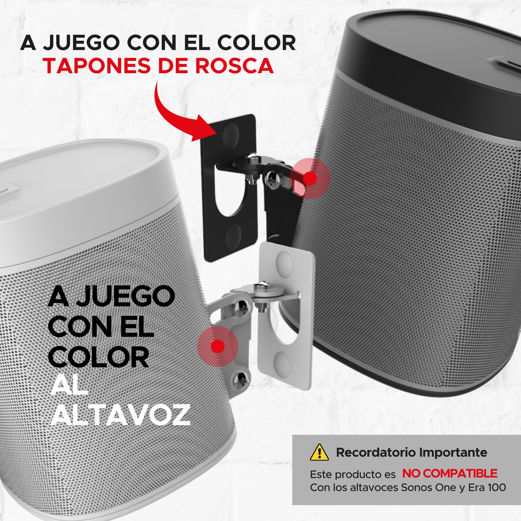 2 x Sonos Play:1 Montaje de Pared (No Compatible con Sonos One), Ajustable con Mecanismo de Giro e Inclinación, Soporte Individual para Altavoz Play 1 con Accesorios de Montaje, Blanco, Paquete