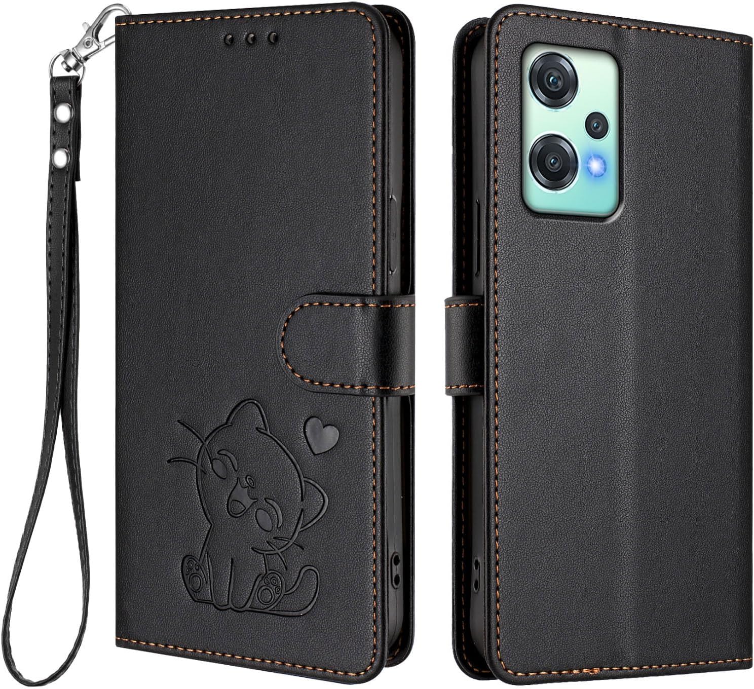 Wallet Case for OnePlus Nord CE 2 Lite Cover, Cute Cat Leather Flip Stand Phone Case with 4 Card Holder & Wrist Strap Shockproof Protective Shell Compatible with OnePlus Nord CE 2 Lite Cover (Black)