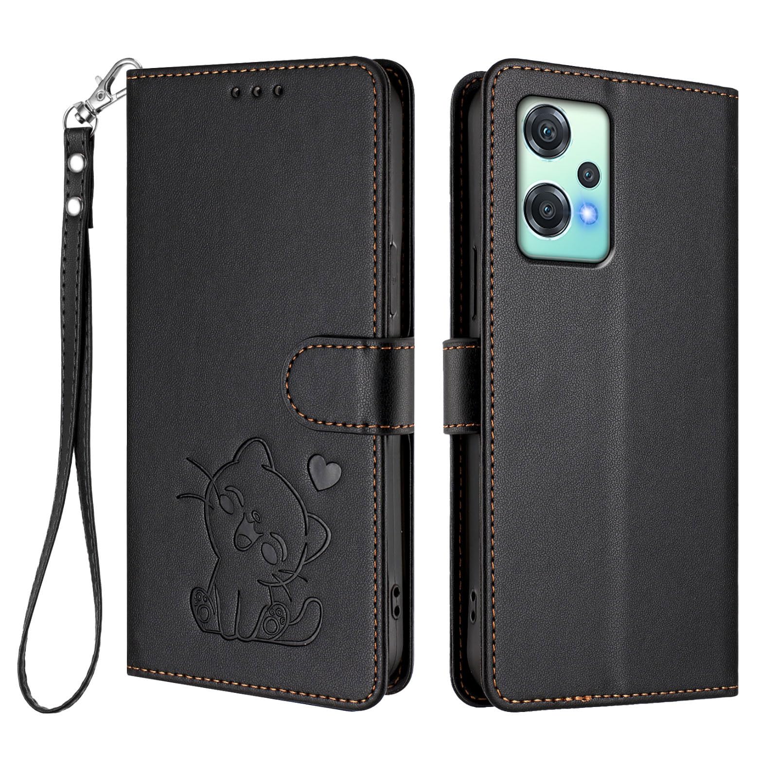 Wallet Case for OnePlus Nord CE 2 Lite Cover, Cute Cat Leather Flip Stand Phone Case with 4 Card Holder & Wrist Strap Shockproof Protective Shell Compatible with OnePlus Nord CE 2 Lite Cover (Black)