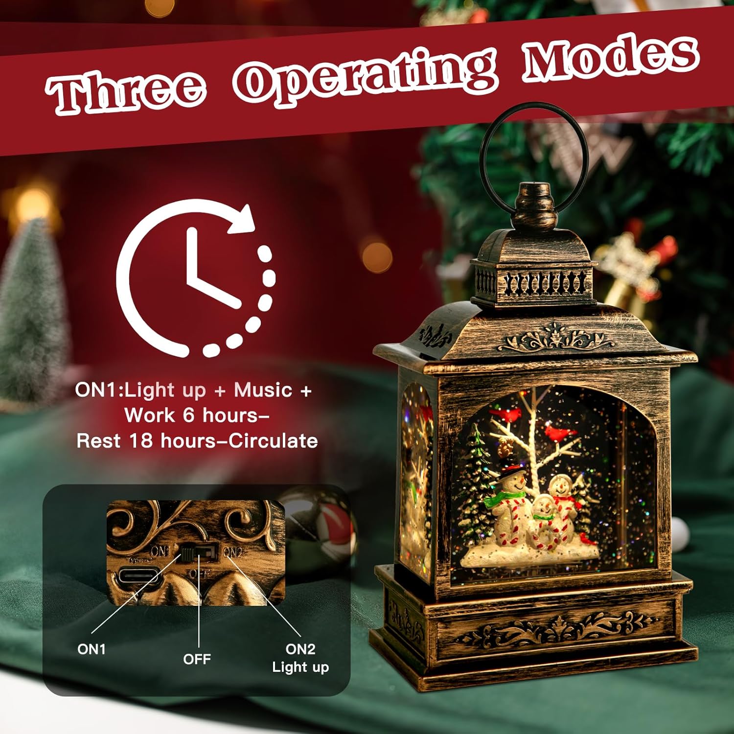Cardinal Snow Globe, Christmas Snowman Musical Snow Globe Lantern Lights with 6H Timer Battery & USB Powered, Retro Style Holiday Glitter Globe for Xmas Home Decoration Holiday Party Gifts - Image 5