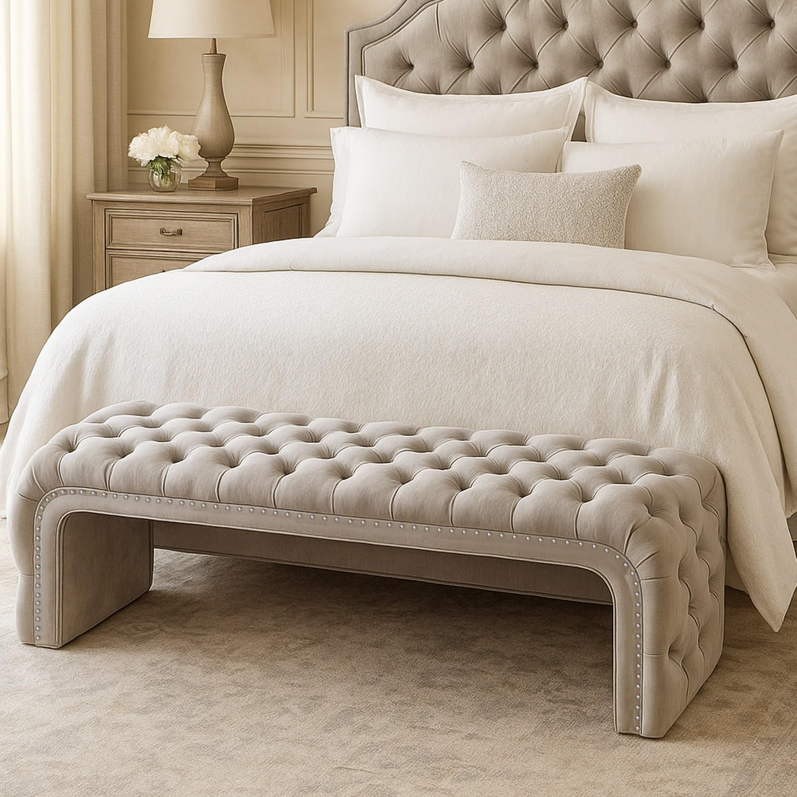 Banco Zapatero con Asiento Botones de Nudos Acolchado Cómodo Taburete Pie de Cama Esquinas Redondeadas Banco para Armario para Dormitorio Tienda Salón Entrada(Green 02,55.12in/140cm)