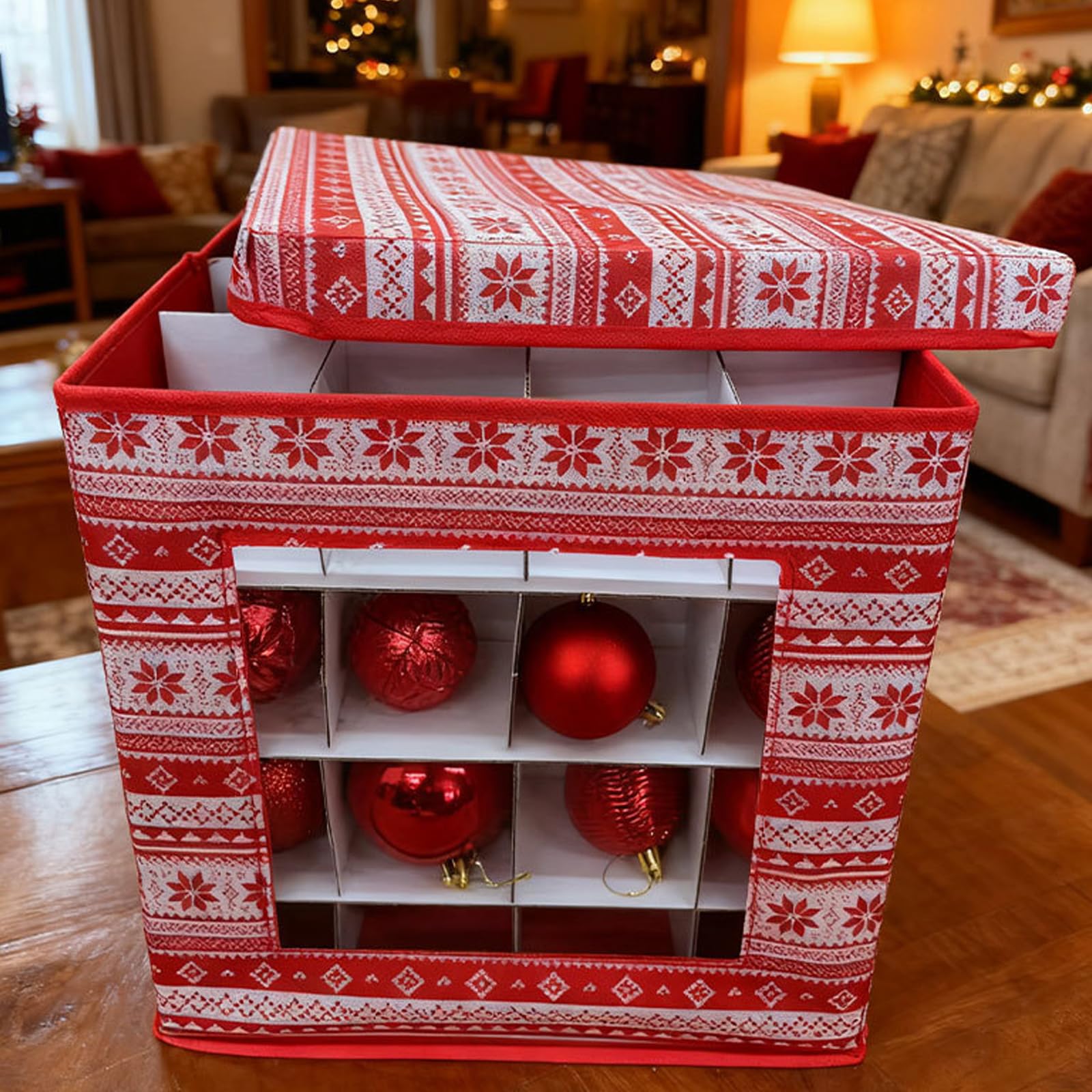 Robuster Aufbewahrungskoffer für Weihnachtskugeln aus Vliesstoff mit verstellbaren Trennwänden und sichtbarem für Etiketten Großer Aufbewahrungskoffer für Weihnachtsdekorationen mit großem