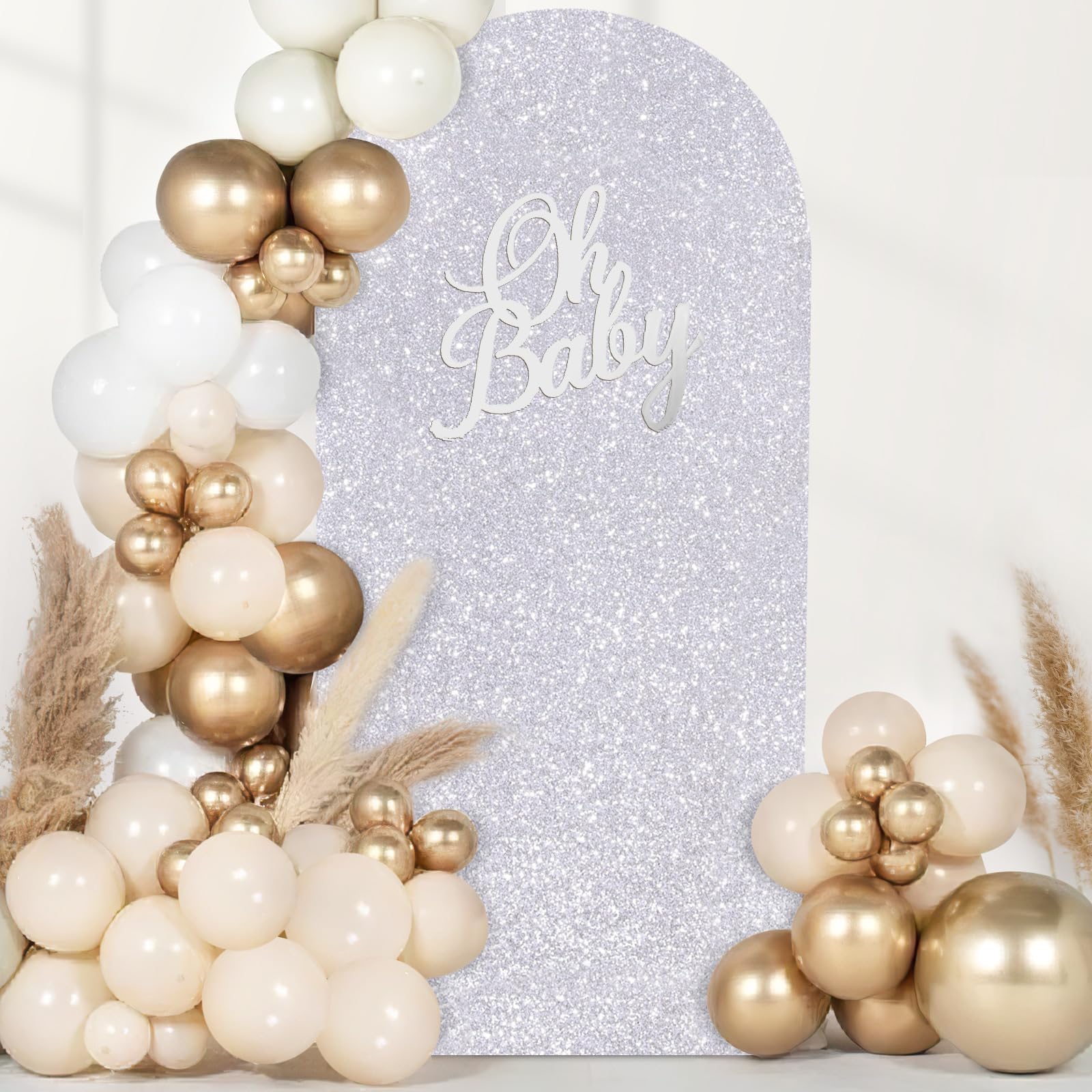 Fanqisi 6.6FT Silver Glitter Spandex Backdrop Covers Wedding Arch Cover Shimmer Background Stand Covers for Wedding Birthday Party Photography Decor