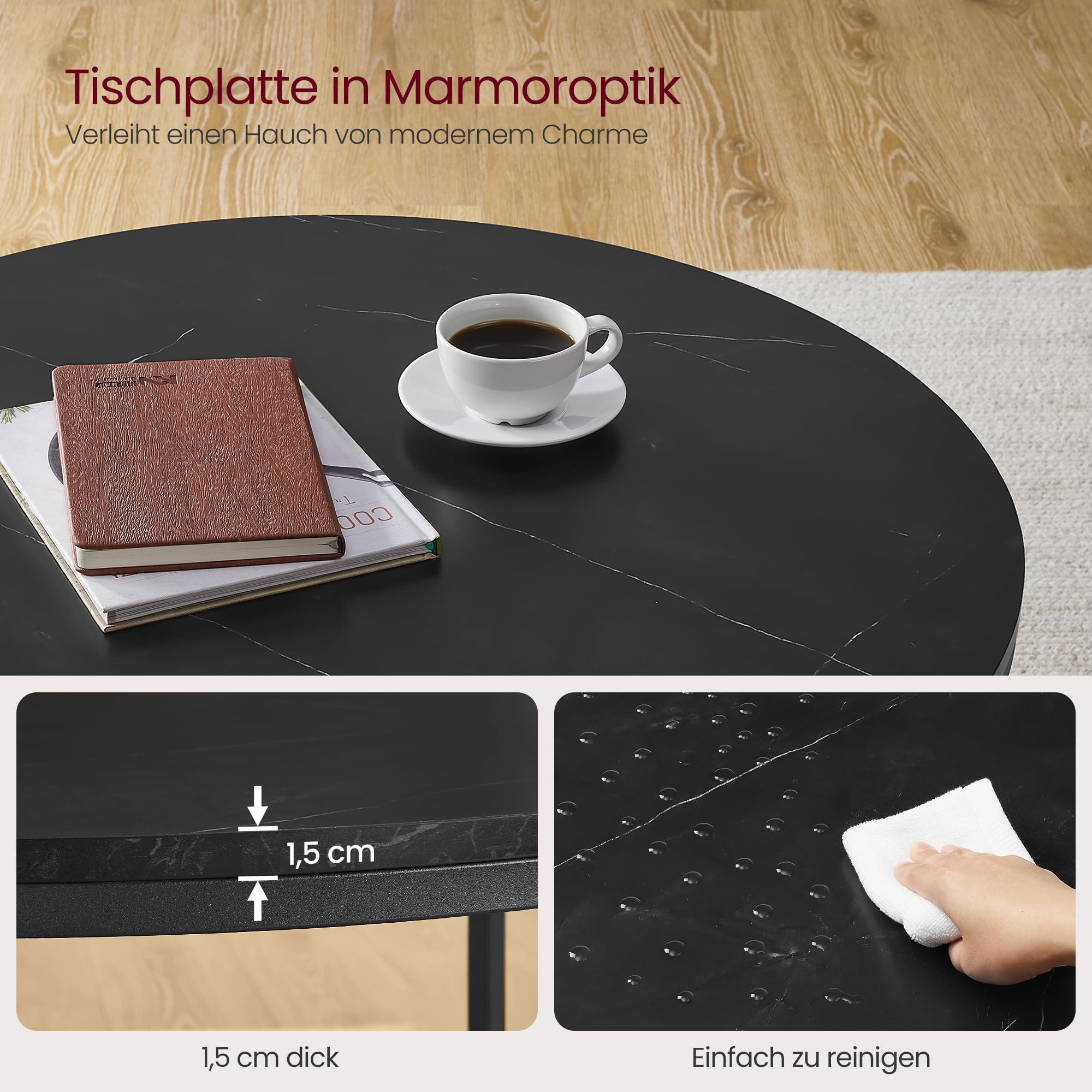 VASAGLE Couchtisch, Wohnzimmertisch, Sofatisch, für Wohnzimmer, mit Glasplatte, viel Stauraum, einfacher Aufbau, moderner Stil, marmorschwarz-tintenschwarz LCT071B58