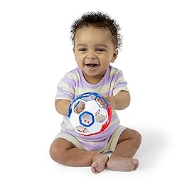 Bright Starts Oball Grippin\' Goals Rattle Soccer Ball - Red, White & Blue, Easy-Grasp Toy for Newborn and Up
