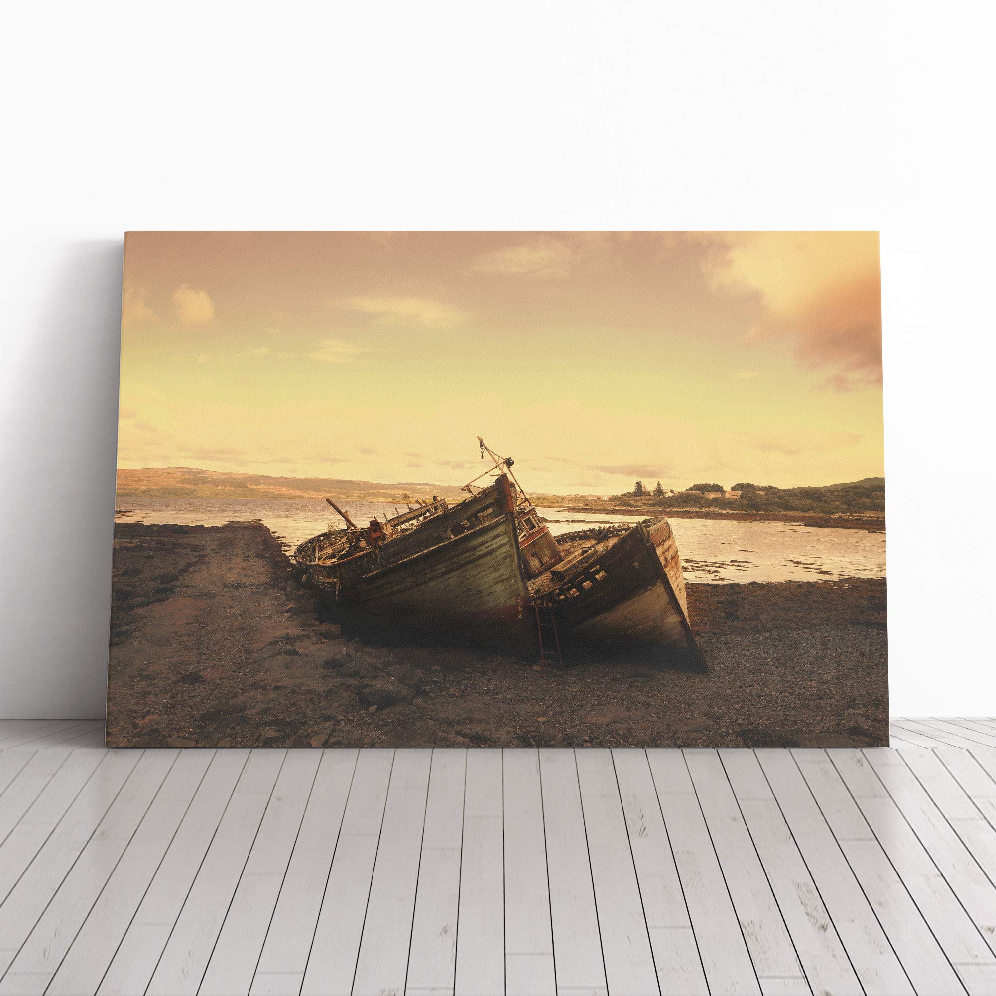 Stranded Boats on The Beach Canvas Print | Gallery Wrapped 30mm Frame Wall Art | 24x16 inches | Ready to Hang | Modern Seascape Picture | Living Room Bedroom Lounge Office