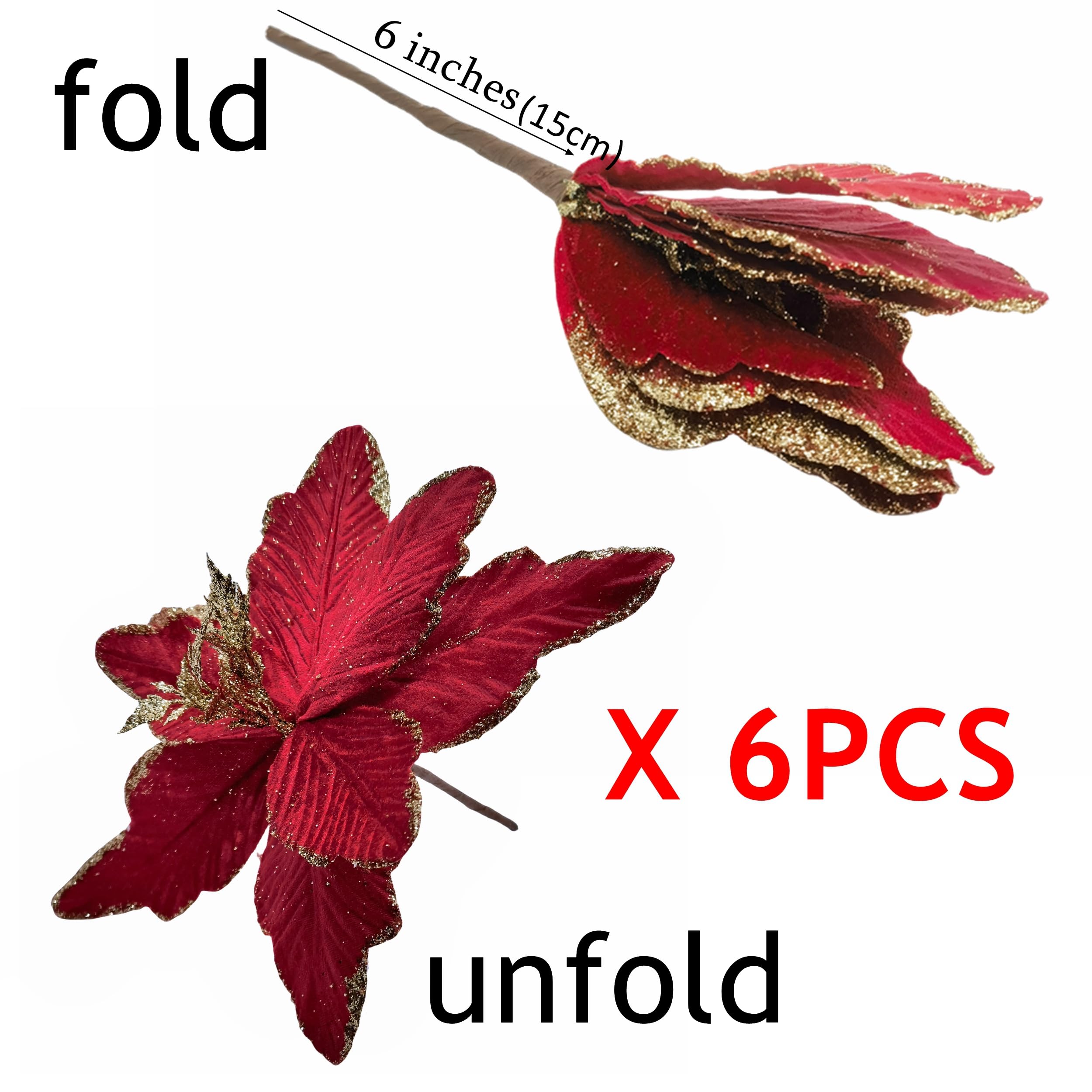 M2cbridge Large Christmas Poinsettia Glitter Foldable Floral Picks Stems for Christmas Tree Decorations Wedding Centerpiece (6pcs Wine Red) - Image 4