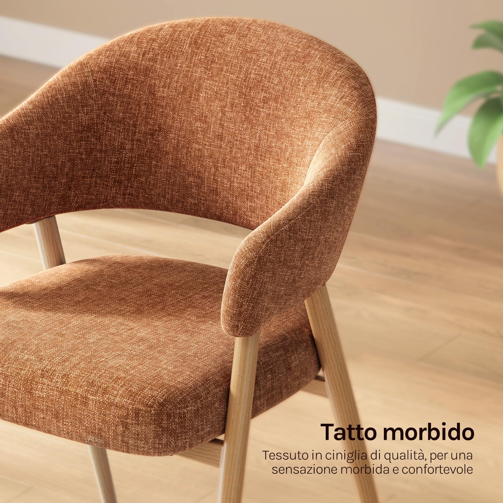 WOLTU Set di 4 Sedie Cucina, Sedie Ergonomiche con Braccioli, Marrone | Schienale Traforato, Gambe in Metallo Effetto Legno, per Sala da Pranzo, Soggiorno, Camera da Letto