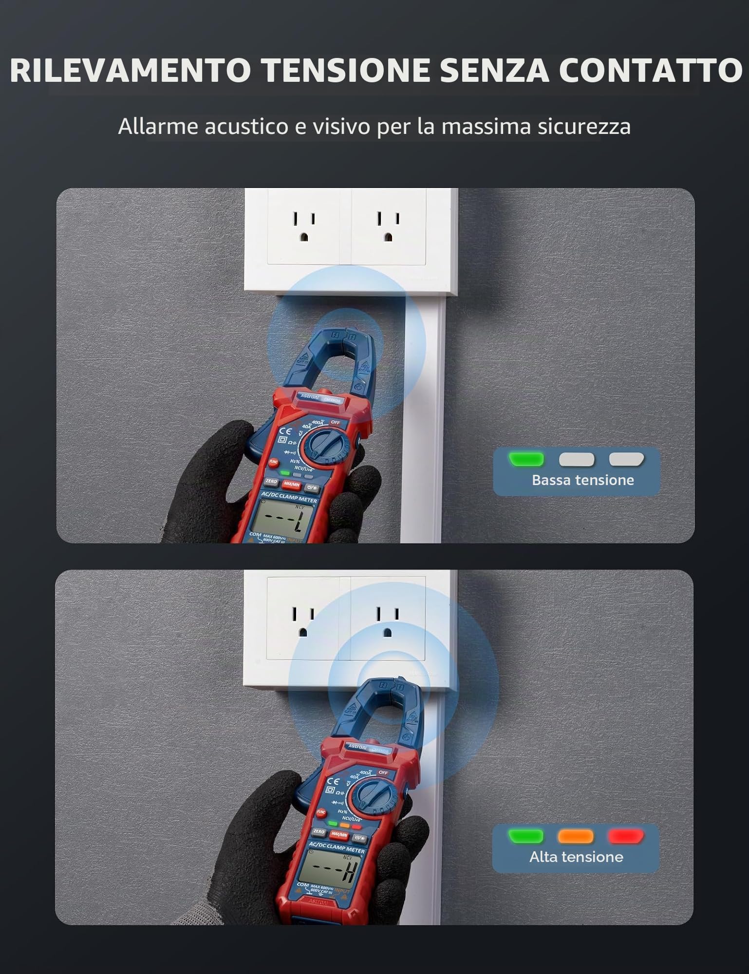 Digital AstroAI AC/DC Current Clamp Voltage, Electric Current, Current Resistance Capacitance Frequency AC Diode test, resistenza, continuità; Diodo di prova, LPF