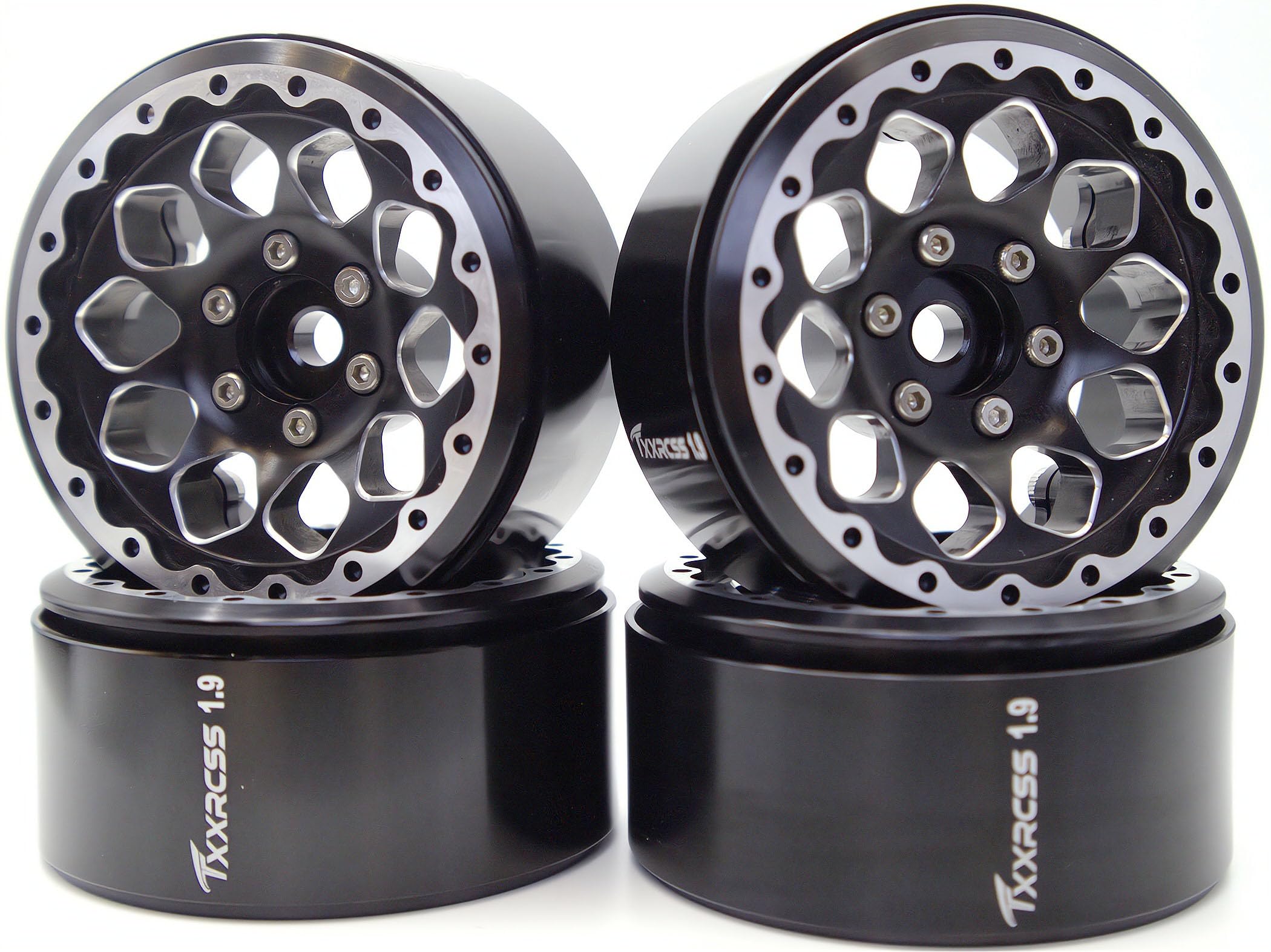 TxXrcss RC 1.9 Beadlock Wheel Rims Hex 12mm Aluminum Wheels Adjustable for TRX4 SCX10 Gen8 1/10 RC Crawler Car 4PCS (Titanium Black)