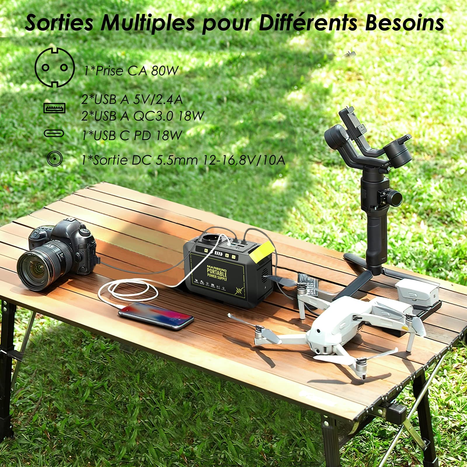 MARBERO Station Électrique Portable 24,000mAh Generateur Electrique Portable 88,8Wh Batterie Externe avec Prise 80W 220V USB C LED Batterie de Secours pour Camping Domestique Voyage Jardin Urgence