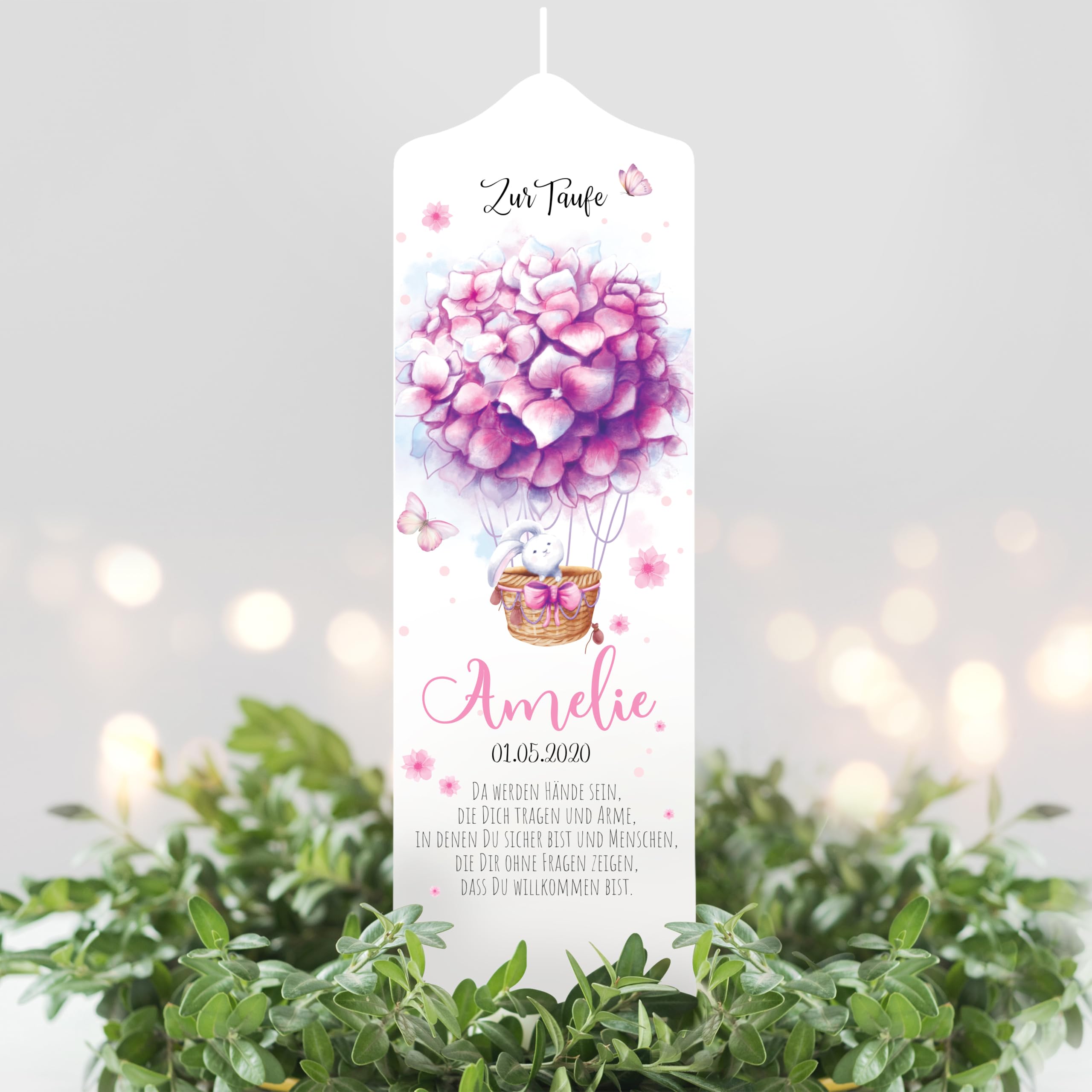 Wandtattoo Loft Taufkerze Mädchen Taufspruch, Motiv Heißluftballon aus rosa Blumen, 25cm x 8cm, personalisierte Kerze, bedruckte Kerze zur Taufe, Stumpenkerze, Geburtskerze, Taufgeschenk