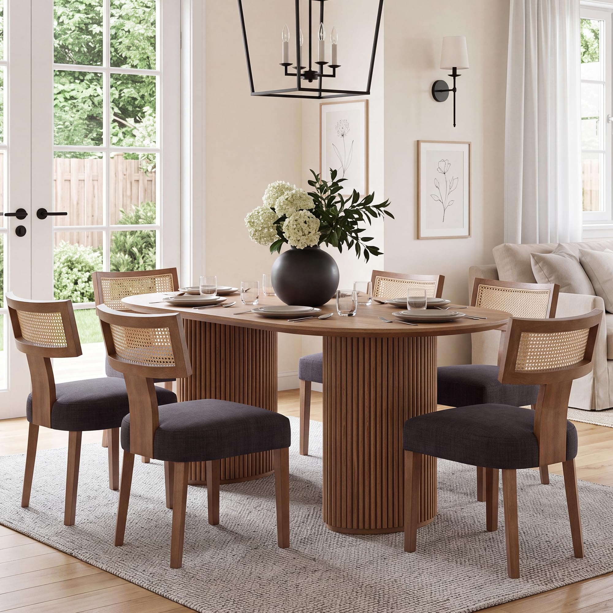 HNY Mid Century Modern Rattan Dining Chairs Set of 6, Farmhouse Linen Upholstered Accent Chair Curved Backrest Kitchen Chairs, with Hardwood Frame, Charcoal