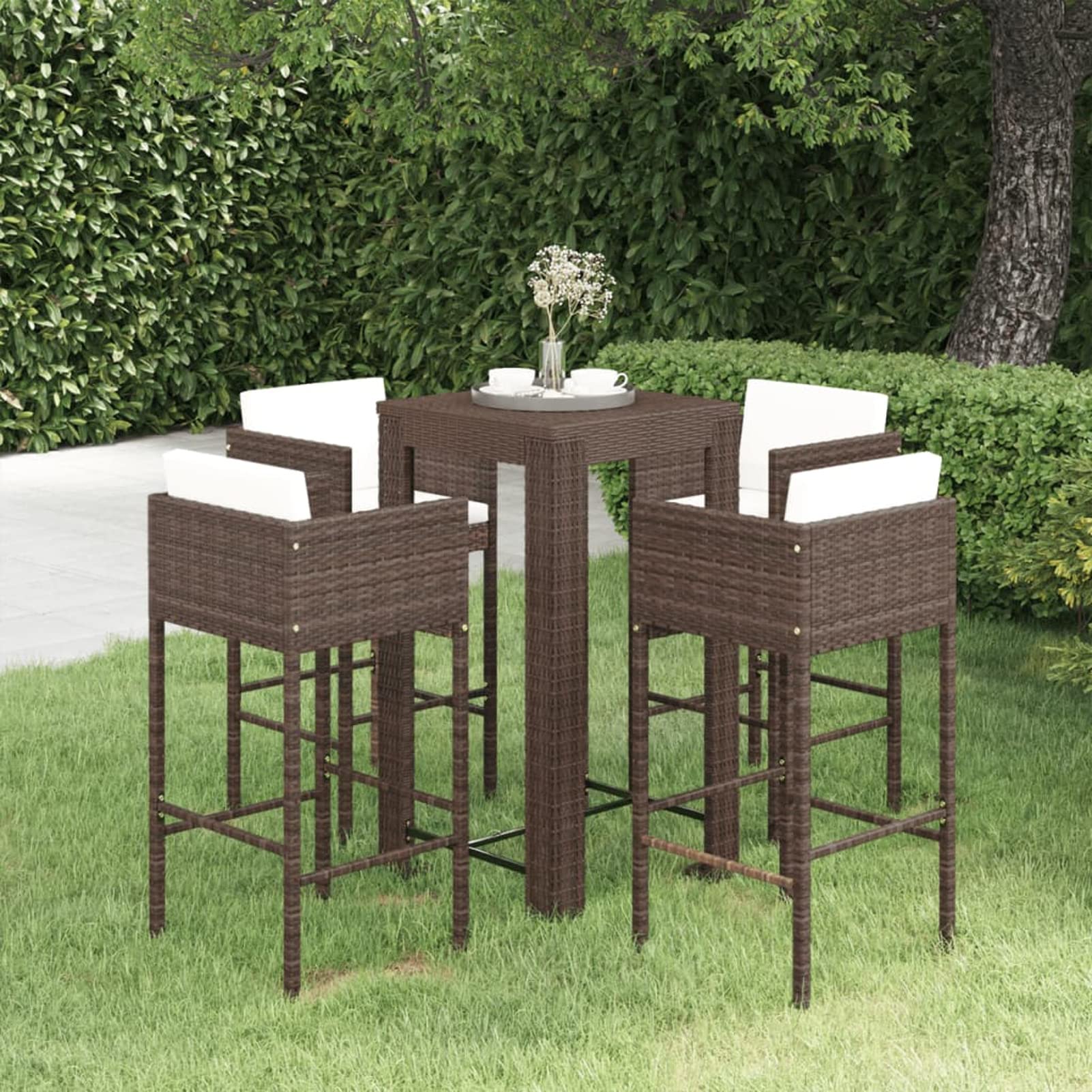 Homgoday Juego de 5 muebles de jardín con cojín, muebles de jardín, mesa de bar, mesa alta, mesa de jardín, muebles de balcón, mesa alta, taburete, silla de bar, muebles de jardín, polirratán, marrón