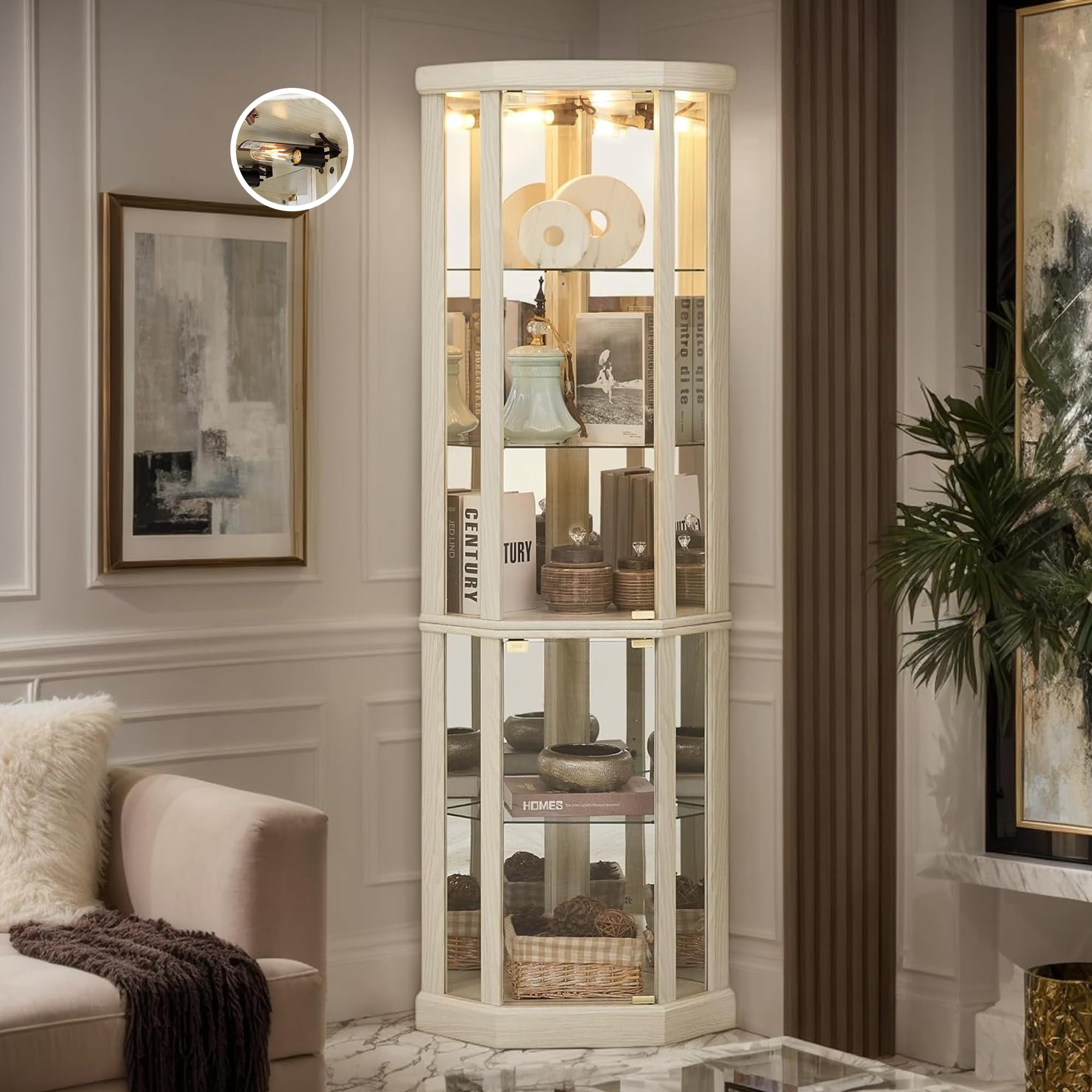 Eyisean 70" H Lighted Corner Curio Cabinet, Glass Display Cage with Tempered Glass Doors and 5 Adjustable Shelves, Wine Cabinet Storage Rack for Bar