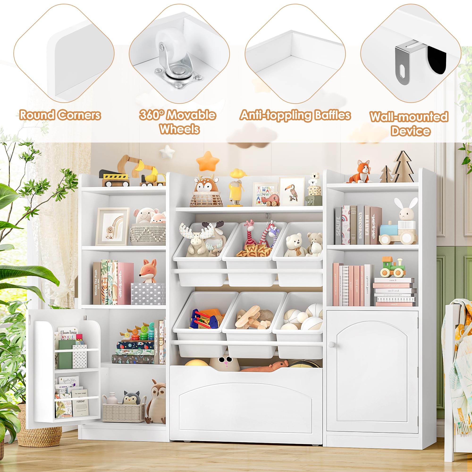 FINETONES 55” Toy Storage Organizer with Removable Bins, 5-in-1 Kids Bookshelf with Movable Chests and Book Shelves Behind The Doors, Toy Organizer Playroom with 6 Toy Bins and 8 Storage Cubes, White