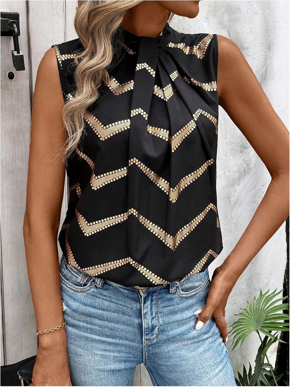 SweatyRocks Women's Pleated Sleeveless Blouse Tops Printed Summer Business Work Shirts - Image 2