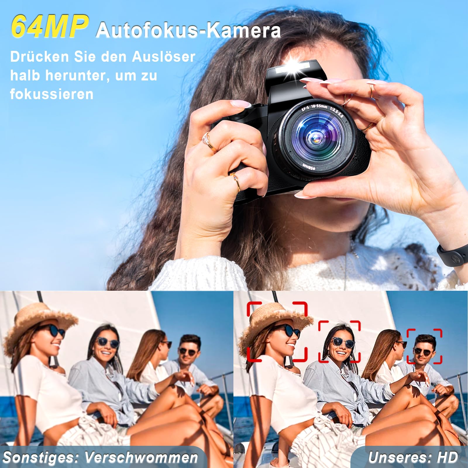 Digitalkamera 4K 64MP Fotokamera mit 4.0" Touchscreen, 16X Digitalzoom Kompaktkamera Mit für Anfänger mit WiFi, mit Kameratasche, 32GB TF-Karte
