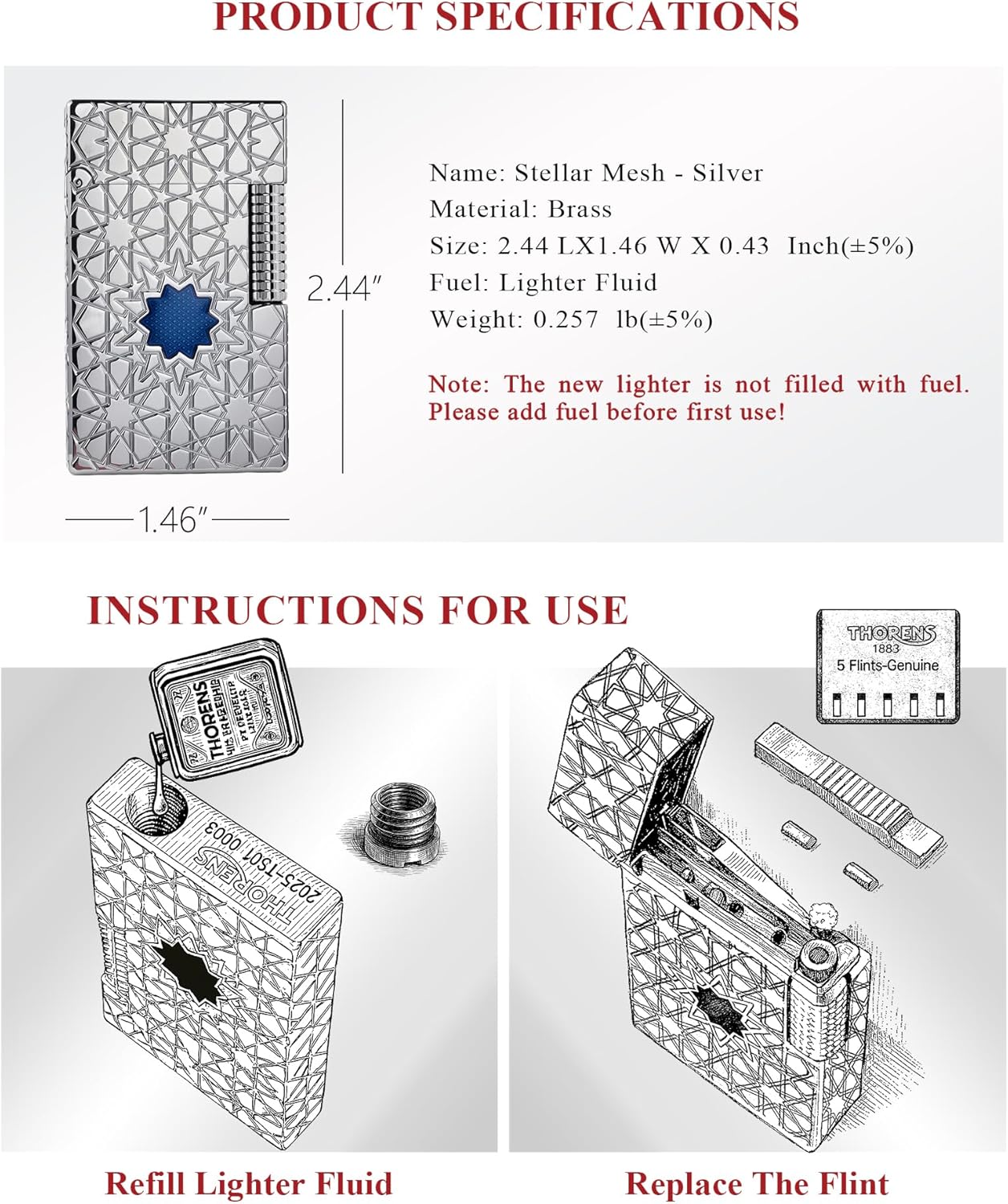 Luxury Vintage Crisp Sound Thin Brass Kerosene Lighter, Soft-Flame, Refillable, Side-Slide,Unique Flip Pocket Silver Fluid Lighter, Inlay, Classic, Collectible, Holiday Men's Gift,Thorens Stellar Mesh