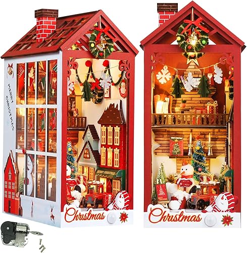 Rincón de libros de Navidad con luces LED, rompecabezas de madera 3D ROCOXIA 3D, interruptor de sensor integrado y caja de música, kit de