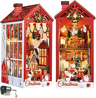 Christmas DIY Book Nook with LED Lights, ROCOXIA 3D Wooden Puzzlesï¼ŒBuilt-in Sensor Switch and Music Box - Miniature Building Kit for Ages 15+