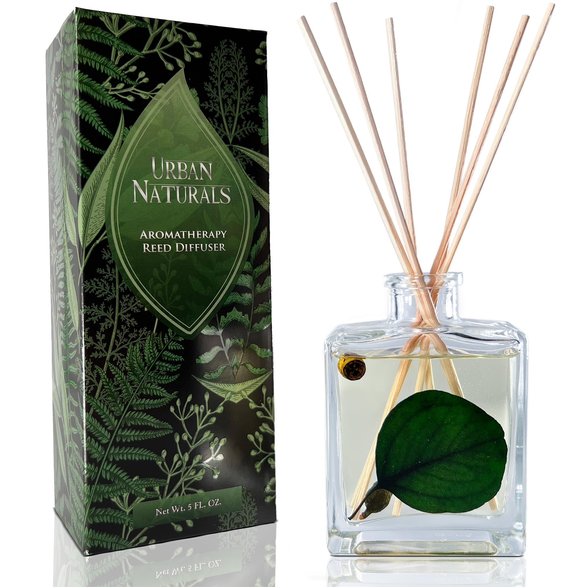 Urban Naturals Sandalwood & Eucalyptus Reed Diffuser Set – Made with Essential Oils & Real Botanicals – Sleek Rectangular Refillable Glass Bottle –