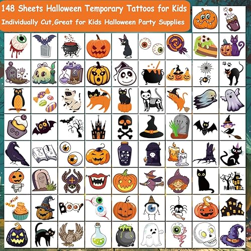 Miniatura 2 de 148 hojas de tatuajes temporales de Halloween para niños, tatuajes individuales de esqueletos de calabaza de Halloween para niños y niñas, regalos