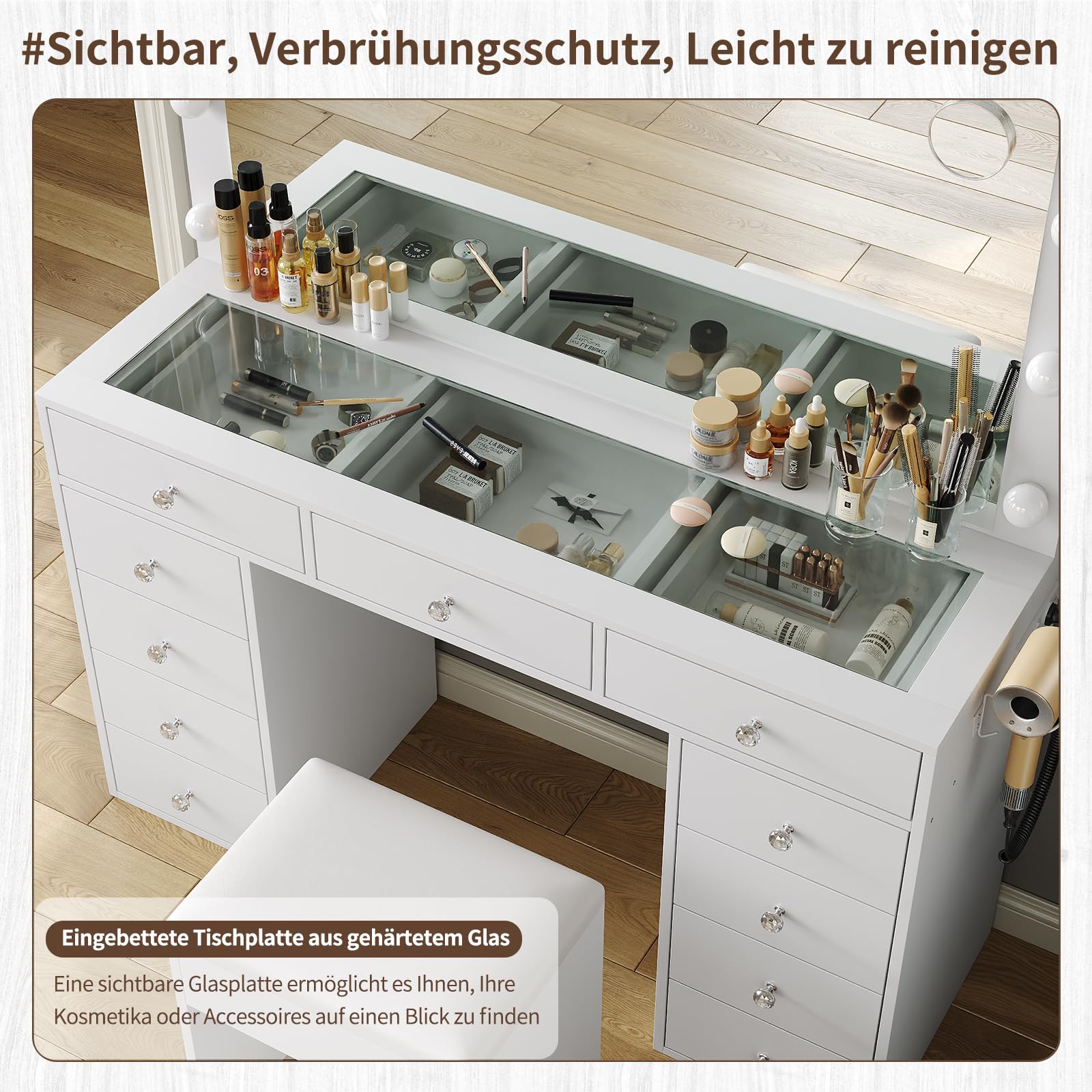 FUSOU Schminktisch mit Beleuchtung und Spiegel, 11 Schubladen, Glasplatte, 12 LED-Lampen, 3 Lichtmodi, Schminktisch mit Hocker & Steckdose, Make-up Tisch für Schlafzimmer & Ankleidezimmer