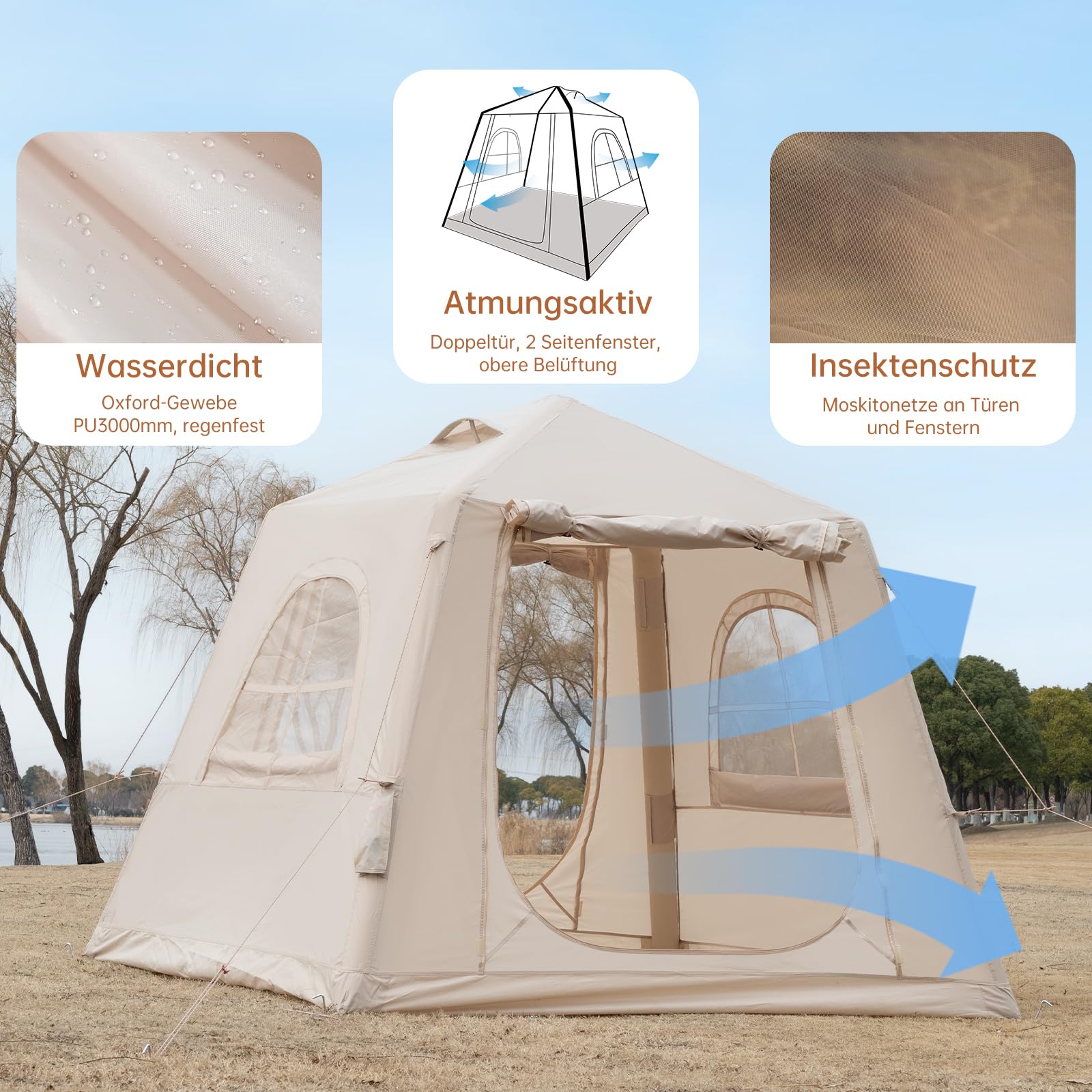Tente de camping gonflable avec pompe à main - Montage facile - Imperméable - Coupe-vent - Tente gonflable d'extérieur - 2 à 10 personnes - Oxford Glamping