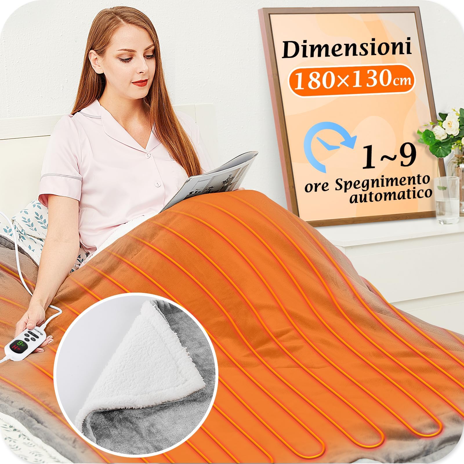 Coperta Riscaldante Elettrica 200x180 Cm - Flanella Sherpa, 6 Livelli Calore, Timer 10h, Lavabile, Rosso - Foto 6