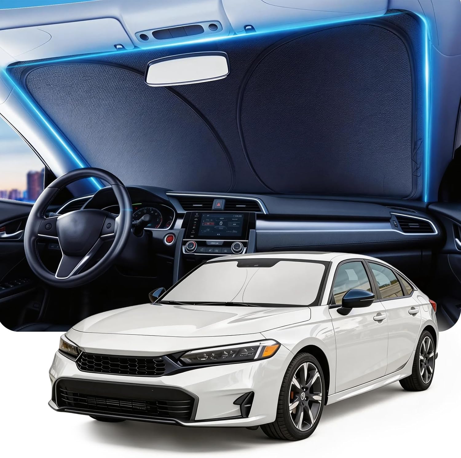 DMJN Windshield Sun Shade for Honda Civic (2022-2026), Car Sunshade for Front Windshield [100% Efficient Block UV & Scorching Sun] UPF50+ Heat Block - Protect Interior & Keep Cooler