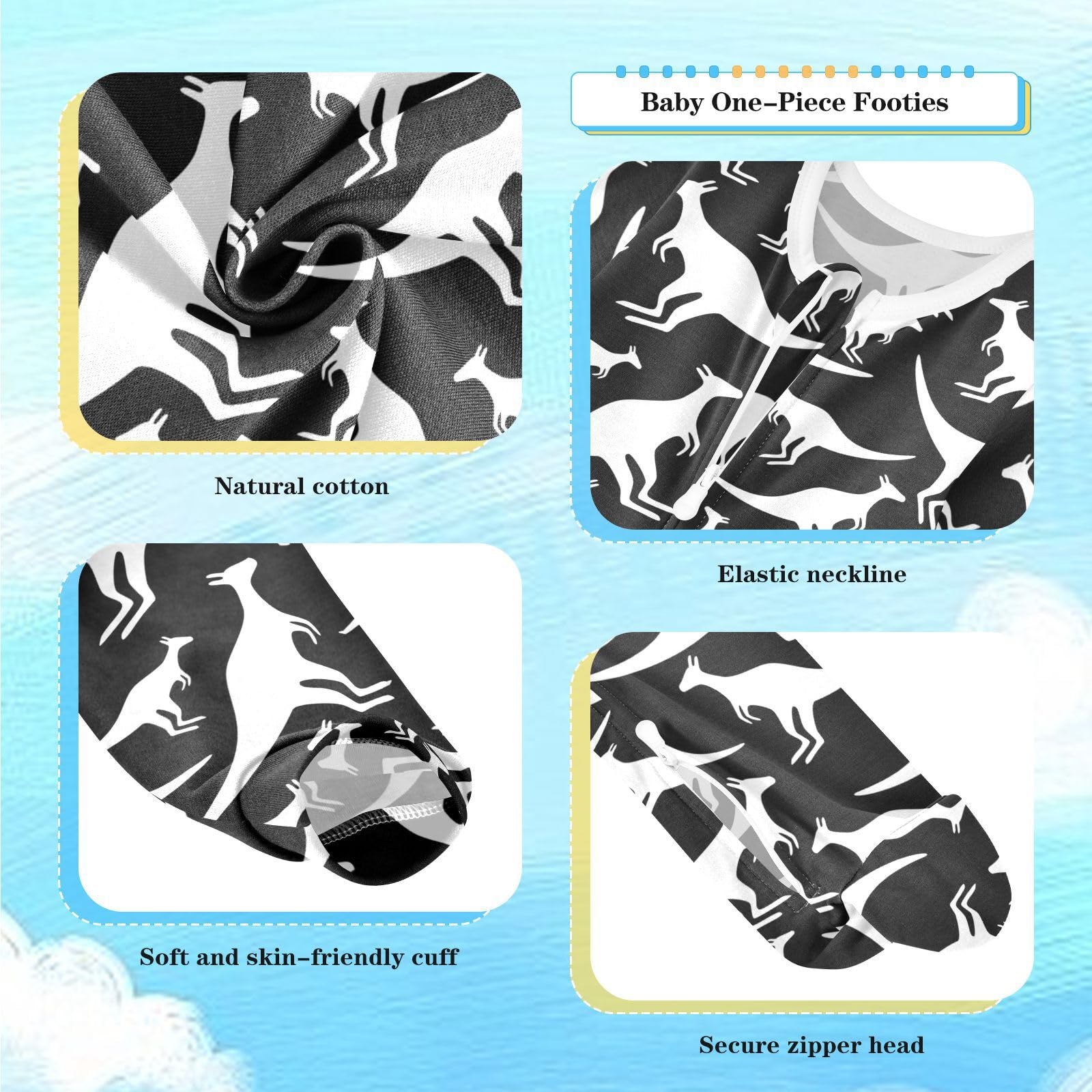 Dussdil White Black Kangaroo Baby One-Piece Footies Newborn Rompers Pajamas Cotton Footed Pjs for Sleep Play Boys Girls 18 Month