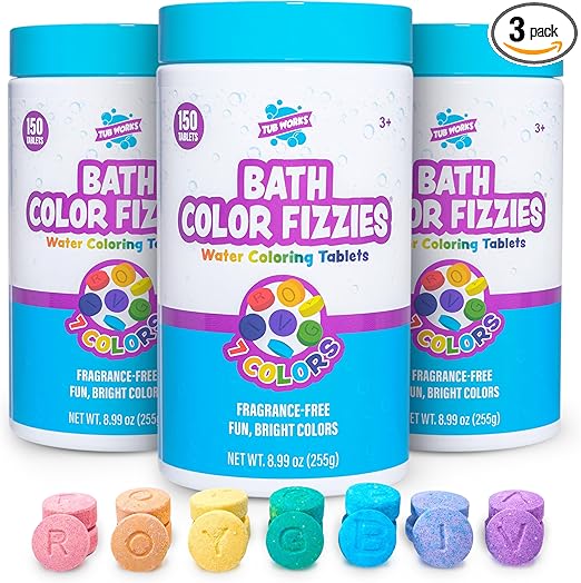 Tub Works® Bath Color Fizzies®, 150 Count, 3 Pack | Nontoxic & Fragrance-Free | Color Bath Drops Create Fun Bath Colors | Bath Color Tablets in 7 Colors for Variety | Bath Bombs for Kids Bath