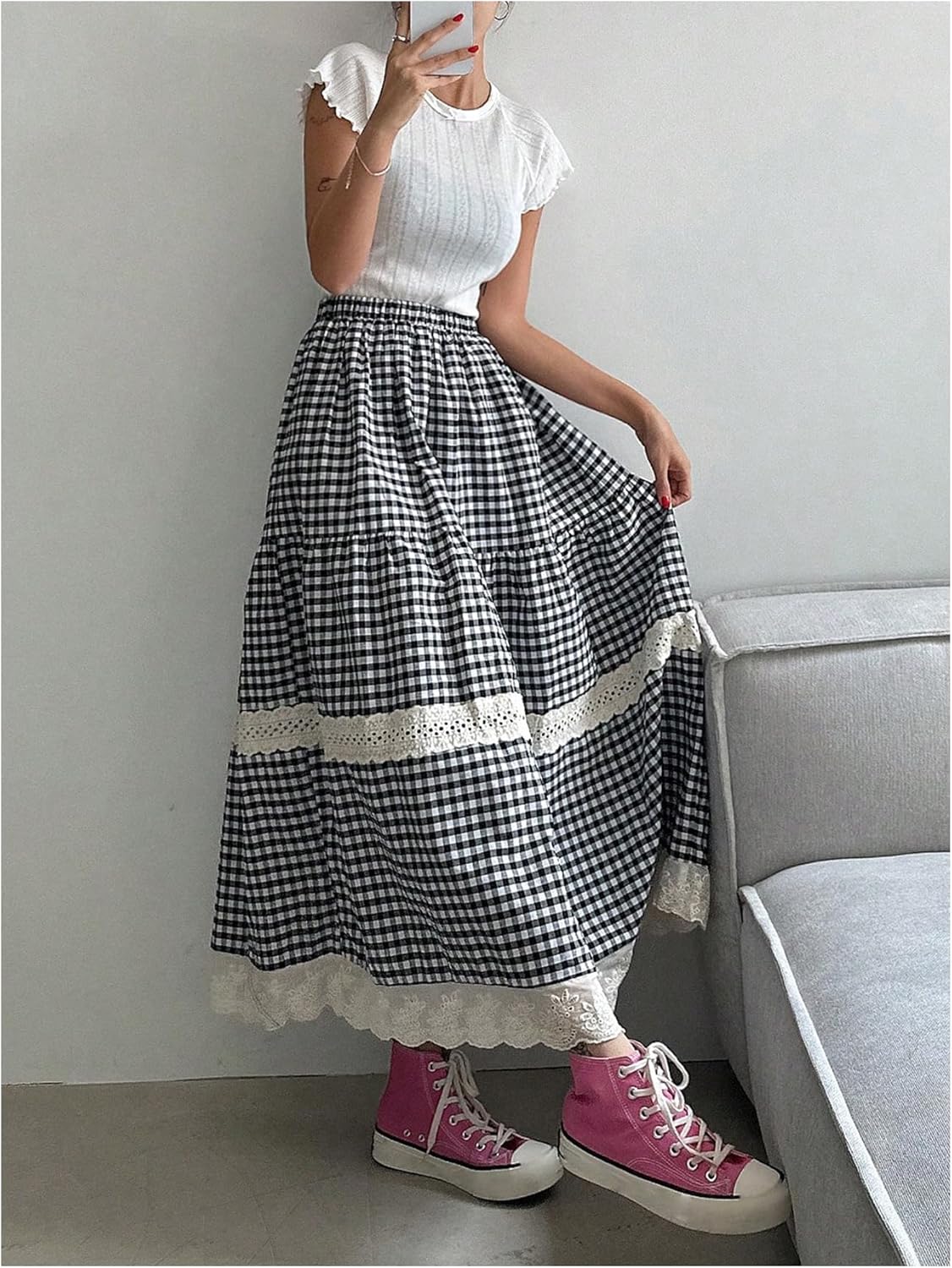 MakeMeChic Women's Plaid Maxi Skirts A Line Ruffle Tiered Layer Y2K Flowy Casual Long Skirts - Image 6